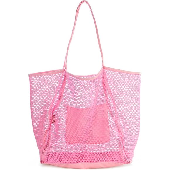 Women's Pink Mesh Beach Nylon & Polyester No-closure Tote Shoulder Handbag - Picture 1 of 6